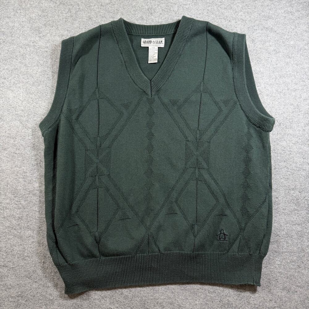 Vintage Grand Slam Golf Sweater Vest Mens L Dark Green Argyle V Neck Cotton Prep